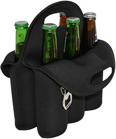 four beer bottles in a black holder