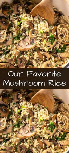 mushrooms and rice in a pan with wooden spoons