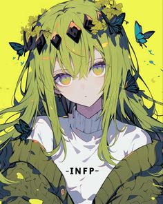 an anime character with green hair and butterflies on her head, in front of a yellow background