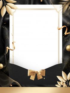 an elegant black and gold background with a white square in the middle surrounded by golden leaves