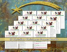 christmas games bundle with gold glitter stars on the top and below it is an image of a