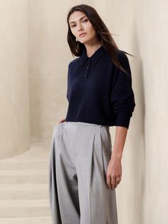 Luna Cropped Cashmere Sweater Polo | Banana Republic Blue Polo Sweater, Polo Sweaters Women, Support Local Farmers, Sweater Polo, Cashmere Yarn, Blue Polo, Polo Sweater, Natural Resources, Outfit Inspo Fall