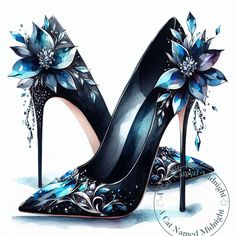 Welcome to A Cat Named Midnight! I'm so happy to present my charming Watercolor Black High Heels with Blue Rhinestones clipart! They are perfect for junk journals, greeting cards, stickers, invitations, mugs, prints, bags, apparel, social media posts, or anything you can dream! They will make a lovely addition to your clipart treasures! With 10 beautiful images they are a great value! ❤ INCLUDED  10 High Resolution JPG images at 300 DPI, 3600 x 3600 pixels (12 inches x 12 inches) All watermarks Fairy Heels, Fancy High Heels, Quirky Shoes, Fancy Heels, Shoe Image, Rhinestone High Heels, Shoes Hack, Womens Shoe, Black High Heels