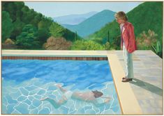 a painting of a man standing in front of a swimming pool and looking out at the mountains