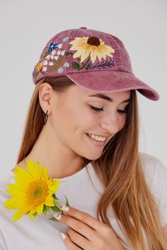 Custom Baseball Cap/ Hat / Baseball Mom Hat / Vintage Baseball Cap / Embroidered Baseball Cap / Gift For Women Color: burgundy baseball cap; Design: hand-embroidered echinacea with wildflowers; Capsize (head circumference): 55 - 67 cm; Fabric: 100% cotton Twill, garment-washed. The quality of the embroidery and baseball hat is superior, I guarantee! ;) I really enjoyed making this, and I hope my customer will enjoy showing it off. 🌿PLEASE NOTE THIS HAT IS READY TO SHIP🌿 GET 10% OFF YOUR 1ST OR Embroidered Curved Visor Hat, Embroidered Hat With Curved Visor, Embroidered Baseball Cap With Curved Visor, Embroidered Baseball Cap One Size, Adjustable Baseball Cap With Floral Embroidery, Embroidered Visor Snapback Hat, Floral Embroidery Curved Bill Hat, Embroidered Baseball Cap One Size Fits Most, Floral Embroidered Baseball Cap, One Size Fits Most