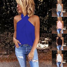 Great shopping ideas for Womens Halter Neck Tank Tops Vest Ladies Sleeveless Casual Plain Summer T-Shirt, Women's Top Turtleneck Pattern, Slim Vest, Patch Work Blouse, Cross Neck, Solid Tank Tops, Halter Tank Top, Halter Tank, Loose Pullover, Casual Vest