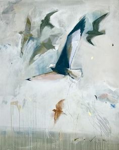 an abstract painting with birds flying in the sky