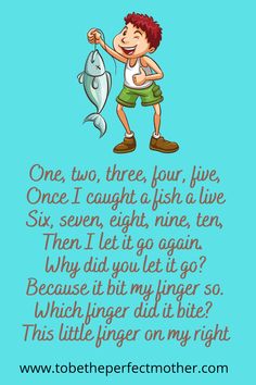 a boy is holding a fish and saying, one two three four five five six seven eight