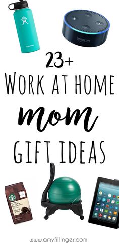 the words work at home mom gift ideas are in black and white with green accents