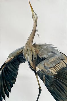 a painting of a crane flying in the sky