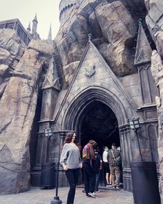 people standing in front of an entrance to hogwart's castle