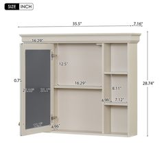 an image of a cabinet with measurements for the door and shelves on it's side