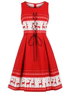 Christmas Vintage Elk Print Lace Up Flare Dress - Lava Red - 3X07962713 - Original Design-Women's Clothing  #OriginalDesignWomensClothing #Original #DesignWomen's #Clothing Single Piece Dress, Plus Size Skater Dress, Vestidos Pin Up, Reindeer Dress, Plus Size Vintage Dresses, Vestidos Retro, Christmas Dress Women, Robes Vintage, Pin Up Dresses