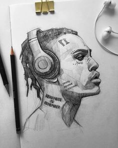 a pencil drawing of a woman with headphones on her face and ear phones around her neck