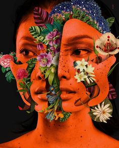 two women with flowers in their hair and one woman's face is painted orange