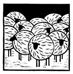 a black and white drawing of some sheep