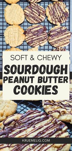 some cookies that are sitting on top of a rack with the words sourdough peanut butter