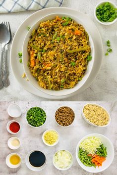 Brown rice and lentil stir fry in a white bowl with roasted peanuts and scallions in the background.