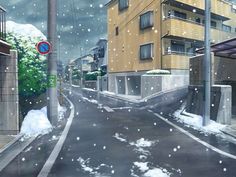 a snowy street with snow falling on the ground and buildings in the background, as seen from an animated video game