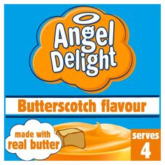 angel delight butterscotch flavored with real butter, 4 servings per box