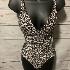 Loved This But It Was Too Tight On My Squishy Hips When I Tried It On:( Tags Still Attached Brown Fitted V-neck Swimwear, Fitted Brown V-neck Swimwear, Leopard Print Fitted Bodysuit For Beach, Fitted Leopard Print Bodysuit For Beach, Fitted Leopard Print Bodysuit For Swimming, Fitted Brown Bodysuit For Beach Season, Fitted Brown Bodysuit For Beach, Fitted Brown Bodysuit For The Beach, Leopard Print Swimsuit