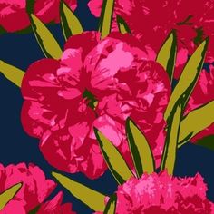 pink flowers with green stems against a dark blue background in an art print, designed by person