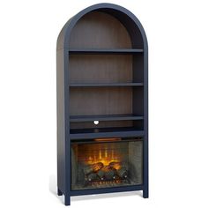 an arched bookcase with a fireplace in it