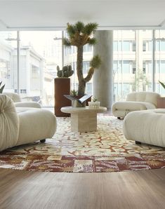 a living room filled with furniture and a tall plant in the middle of the room