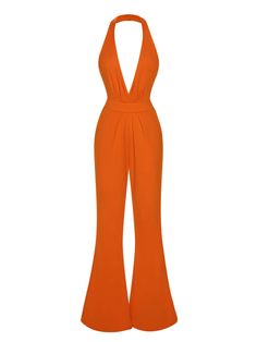 1930s Solid Deep V-Neck Halter Jumpsuit Fitted Orange V-neck Bodysuit, Stretch V-neck Jumpsuits And Rompers For Loungewear, Stretch V-neck Jumpsuit With Solid Color, Stretch V-neck Jumpsuit In Solid Color, Stretch V-neck Jumpsuits And Rompers In Solid Color, Stretch Solid Color V-neck Jumpsuits And Rompers, Solid Color V-neck Bodysuit For Loungewear, Orange V-neck Jumpsuit For Party, Elegant Fitted Orange Jumpsuits And Rompers