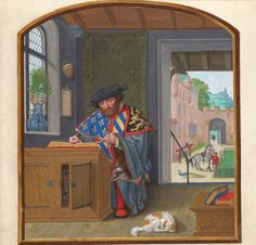 an old painting of a man with a dog