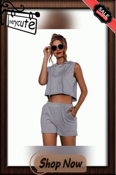 Light Gray Drawstring Hooded Tank with Shorts Set Summer Loungewear Hoodie With Drawstring Hood, Summer Cotton Hoodie For Leisure, Summer Cotton Hoodie With Drawstring Hood, Summer Cotton Hoodie With Drawstring, Vest Crop Top, Elastic Waist Shorts, Women Clothes, Shorts Set, Sleeveless Tank