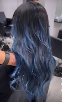 Blue Hair At The Ends, Dark Blue Hair Extensions, Blue Hair For Brown Hair, Blue Hair On Dark Brown Hair, Color Hair Dye Ideas For Brunettes, Dark Hair With Light Blue Highlights, Blue Babylights On Dark Hair, Light Blue Hair Ombre