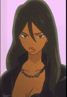 an animated image of a woman with long black hair and piercings on her chest