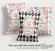 three pillows with different designs on them and the words you can cut the entire text