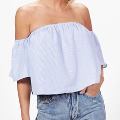 Nwt Boohoo Off The Shoulder Top Striped Off-shoulder Top For Spring, Striped Tops For Daytime Summer, Striped Tops For Daytime In Summer, Light Blue Off-shoulder Summer Top, Light Blue Off-shoulder Top For Summer, Cream Crop Top, Bell Sleeve Crop Top, Fishnet Top, Strappy Crop Top