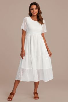 White Floral Embroidered Lace Smocked Midi Dress Flowy Smocked Dress With Empire Waist For Spring, Flowy Empire Waist Smocked Dress For Spring, Casual Smocked Empire Waist Dress, Flowy Smocked Dress With Empire Waist, Flowy Smocked Dress With Short Sleeves, Smock Empire Waist Dress For Daywear, Empire Waist Smock Dresses For Daywear, Daywear Empire Waist Smock Dress, Casual Empire Waist Dress With Smocked Back