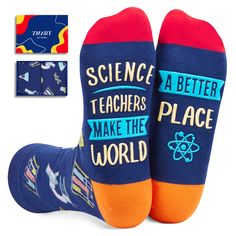 two pairs of blue socks with science teachers make the world written on them and an orange bottom