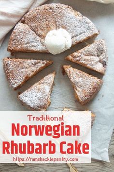 traditional norwegian rhubarb cake with powdered sugar on top