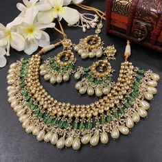 Sabyasachi Inspired Indian Kundan Jewelry Set with Green and Gold Color Combination. Kundan Choker Necklace with Earrings set as shown in picture special for Indian and Pakistani Brides. Fine quality of Kundan Stones,Pearls and Hangings used like shown in picture. Necklace size 9 inches and chandbali earrings length is 3 inches and same matching maang tikka also with it. Earrings will come with sahara earchains. Necklace will be with adjustable string to fit for all neck size. Its long last 22k Jewellery South Indian, Pakistani Jewellery, Indian Choker, Indian Choker Necklace, Kundan Jewellery Bridal, Kundan Jewellery Set, Jewelry Pakistani, Sabyasachi Jewellery, Indian Bridal Jewelry Sets