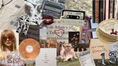 a collage of photos with various items and words on them, including an album