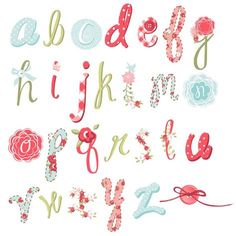 an alphabet with flowers and ribbons on it, in the style of hand drawn letters