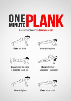 the one minute plank workout is shown in red and black with instructions to do it