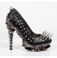 Gothic Gunmetal Spiked Pumps for Women | Style Heels | Hades Footwear Luxury Ankle Strap Heels With Spikes, Goth Heels Sandals, Goth Heels & Wedges, Luxury Spiked Heels For Night Out, Spider Shoes Heels, Goth Heels Clogs & Mules, Goth Glam Shoes, Luxury Spiked Ankle Strap Heels, Luxury Spiked Heels For Summer