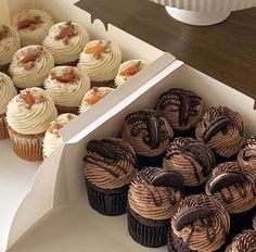 several cupcakes are in a box and one is decorated with chocolate icing