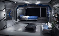 a futuristic bedroom with two beds and couches in the space between them is lit up by bright lights