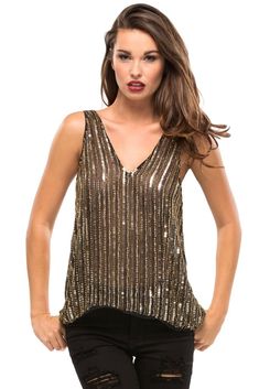 Fallon Top Summer Party V-neck Tank Top, Gold Embellished Sleeveless Top, Glamorous Tank Top For Party Season, Chic V-neck Vest For Parties, Glamorous Gold Tank Top For Party, Chic Gold Tank Top For Night Out, Glamorous Tank Top For Night Out, Glamorous Gold Tops For Summer, Glamorous V-neck Summer Top