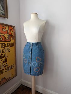 Original reworked upcycled Heart Skirt by Sensible Slacks. Vintage denim skirt with blue, yellow and orange hearts embroidered all over. Fitted Cotton Bottoms With Heart Print, Fitted Heart Print Bottoms For Spring, 90s Style Fitted Cotton Skirt, Heart Skirt, Patchwork Denim Skirt, Vintage Denim Skirt, Street Punk, Skirt With Buttons, Patchwork Skirt