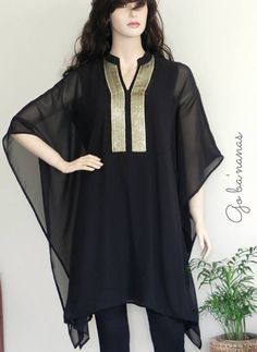 black Kaptan Dress Design, Girls Dresses Sewing, Designer Kurti Patterns, Pakistani Fashion Casual