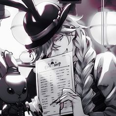 an anime character holding up a paper with writing on it and wearing a fedora