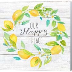 a watercolor painting of lemons and leaves with the words our happy place